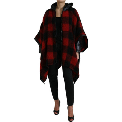 Dolce & Gabbana Black Red Buffalo Check Hooded Poncho Jacket