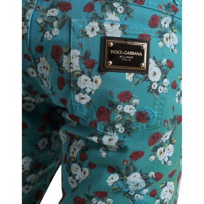 Dolce & Gabbana Blue Floral Print Skinny Cotton Denim Pants