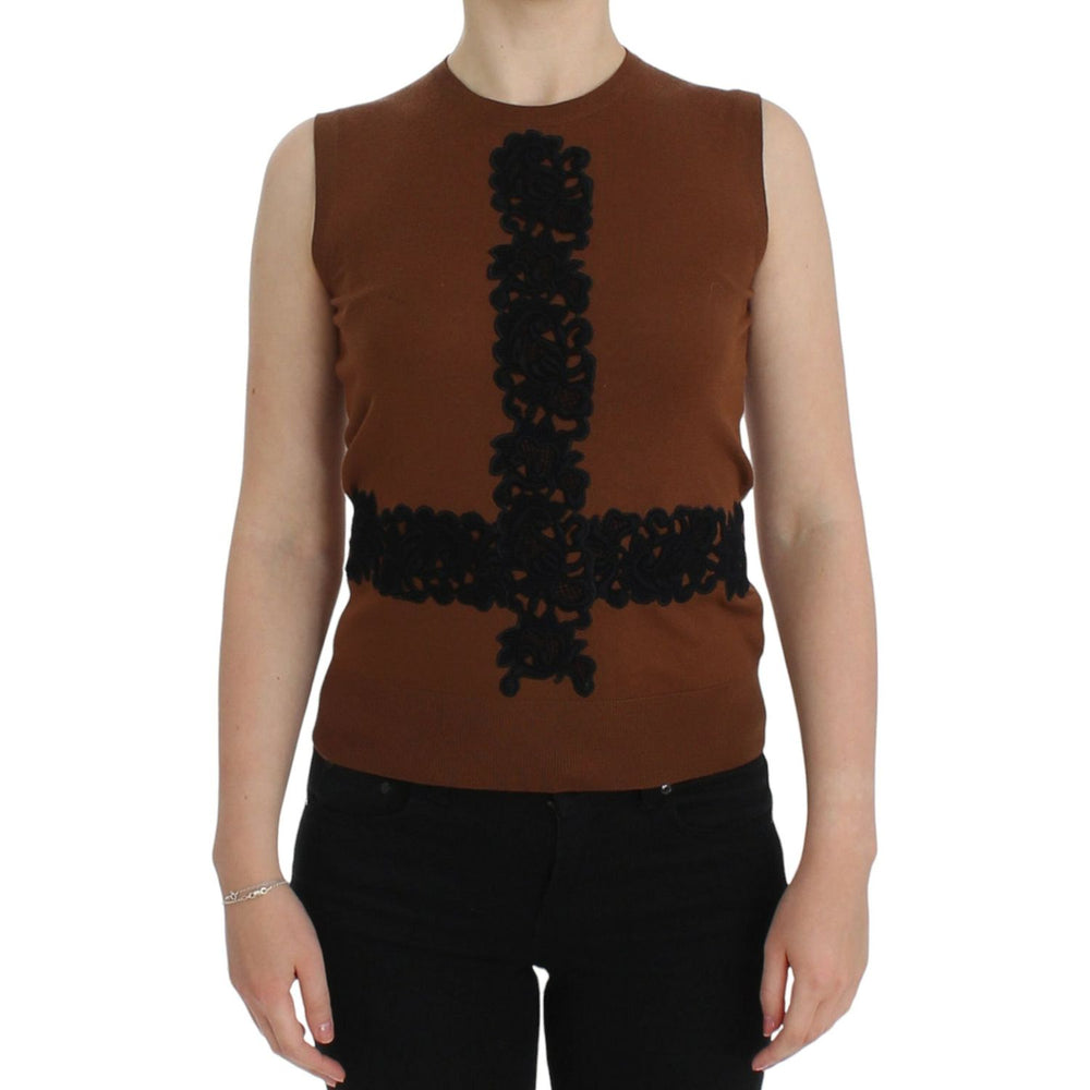 Dolce & Gabbana Brown Wool Black Lace Vest Sweater Top SIG13245-1