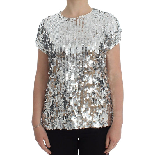 Dolce & Gabbana Silver Sequined Crewneck Blouse T-shirt Top SIG13202-2