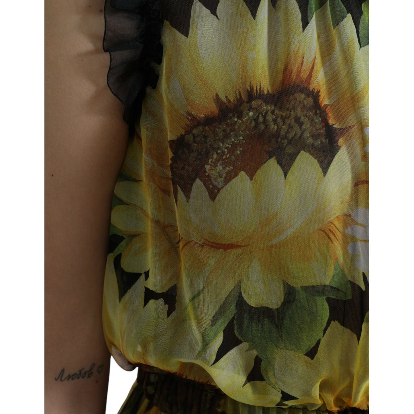 Dolce & Gabbana Black Sunflower A-line Pleated Maxi Dress