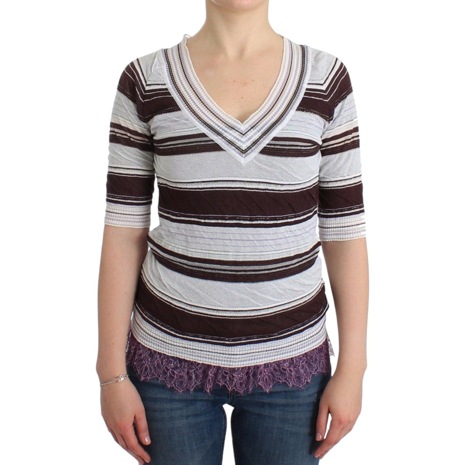Ermanno Scervino Striped Lace V-Neck Short Sleeve Top Sweater