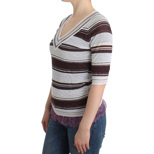 Ermanno Scervino Striped Lace V-Neck Short Sleeve Top Sweater SIG11859-1