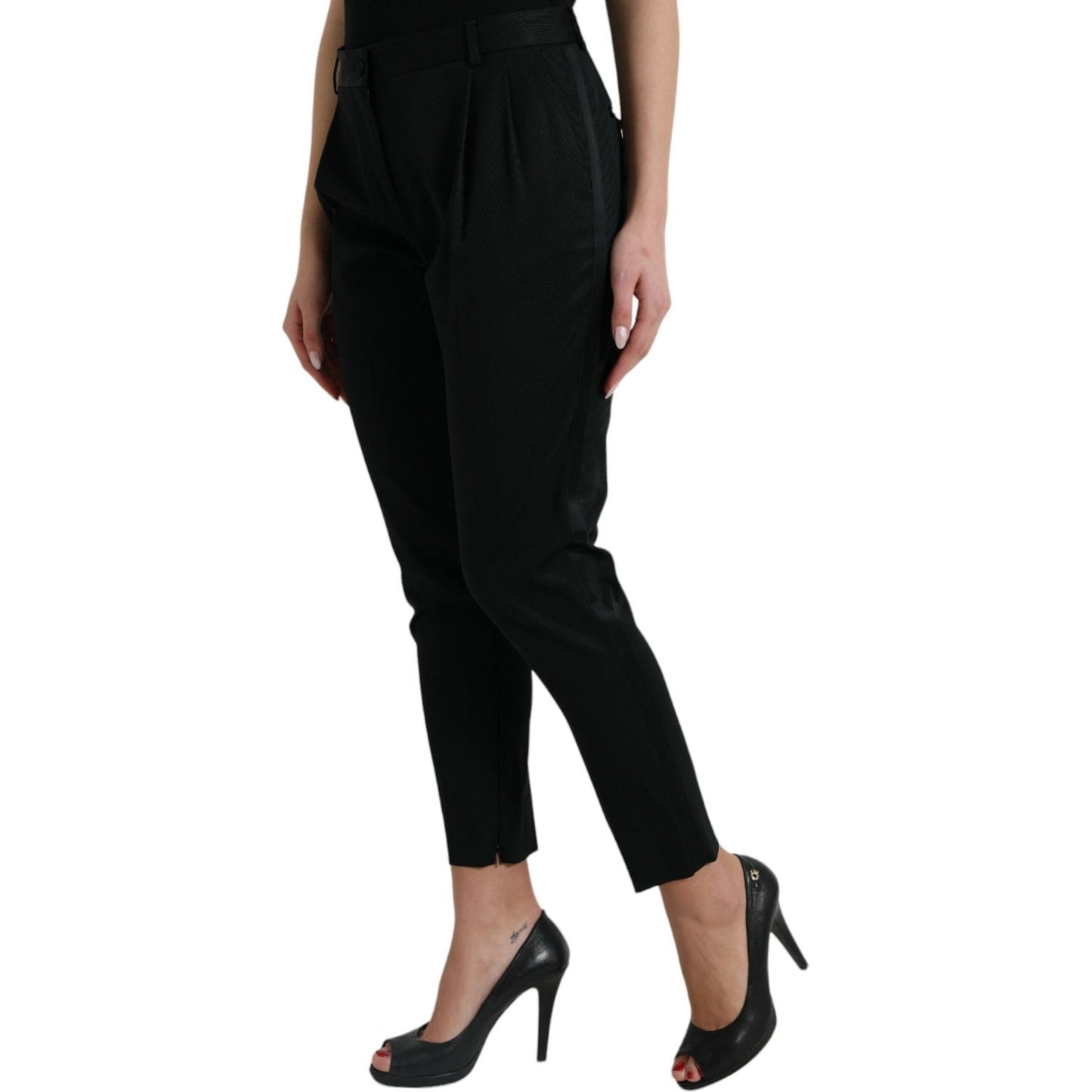 Dolce & Gabbana Black Wool High Waist Cropped Tapered Pants