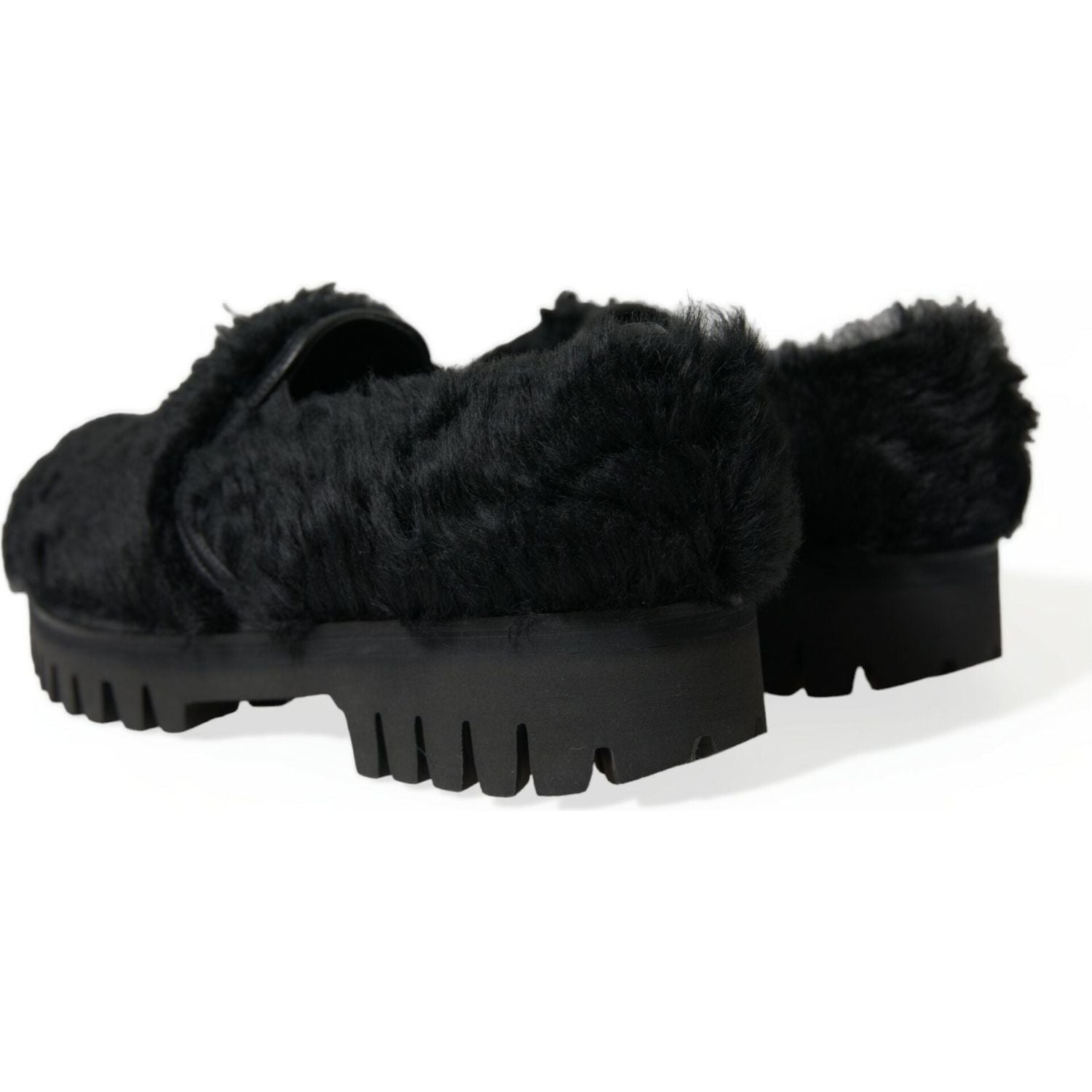 Dolce & Gabbana Black Fur Leather Slippers Dress Shoes