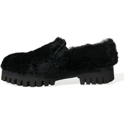 Dolce & Gabbana Black Fur Leather Slippers Dress Shoes