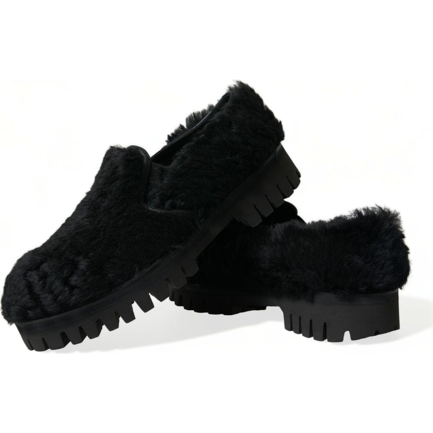 Dolce & Gabbana Black Fur Leather Slippers Dress Shoes