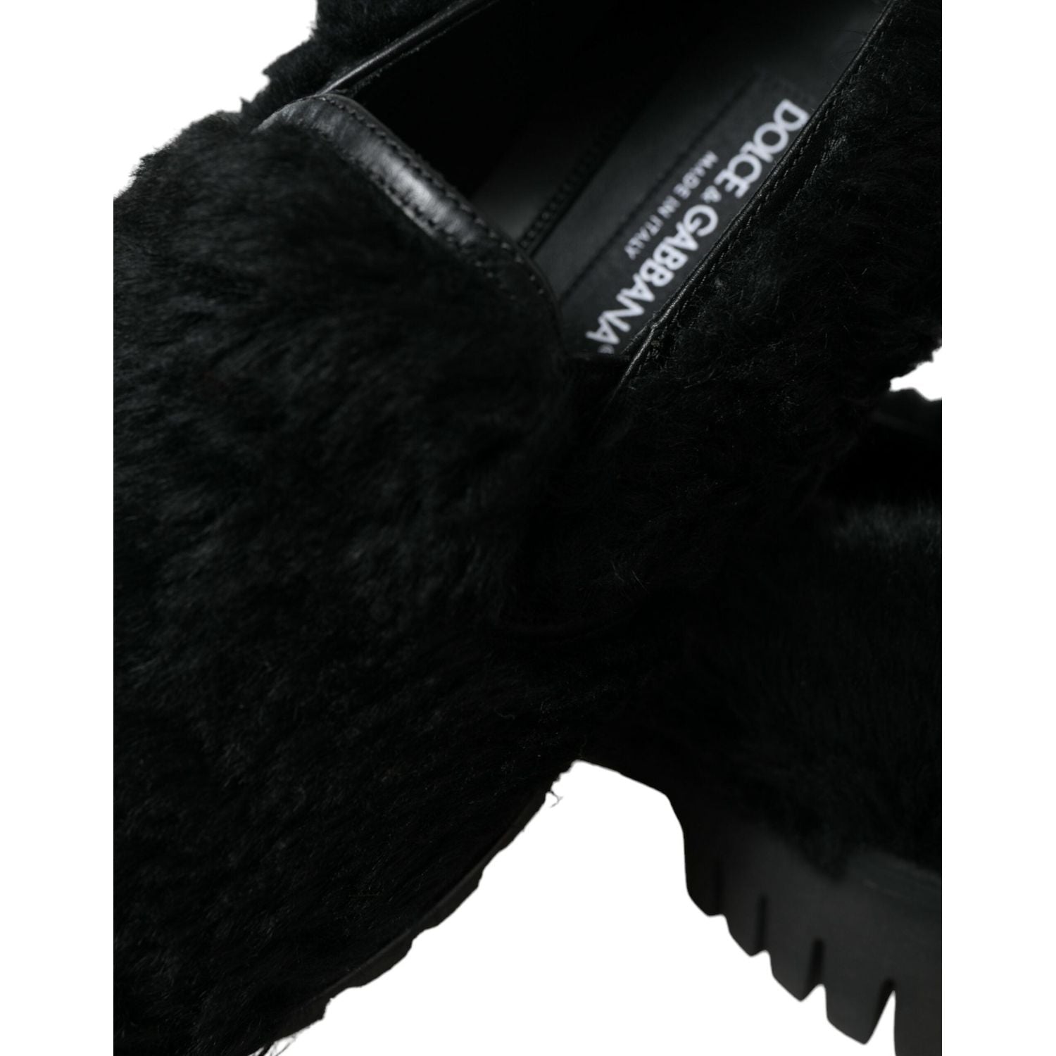 Dolce & Gabbana Black Fur Leather Slippers Dress Shoes