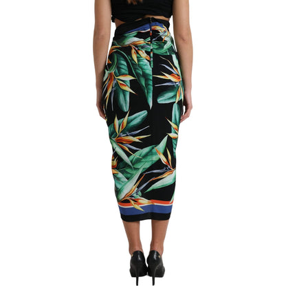 Dolce & Gabbana Black Strelitzia High Waist Wrap Midi Skirt