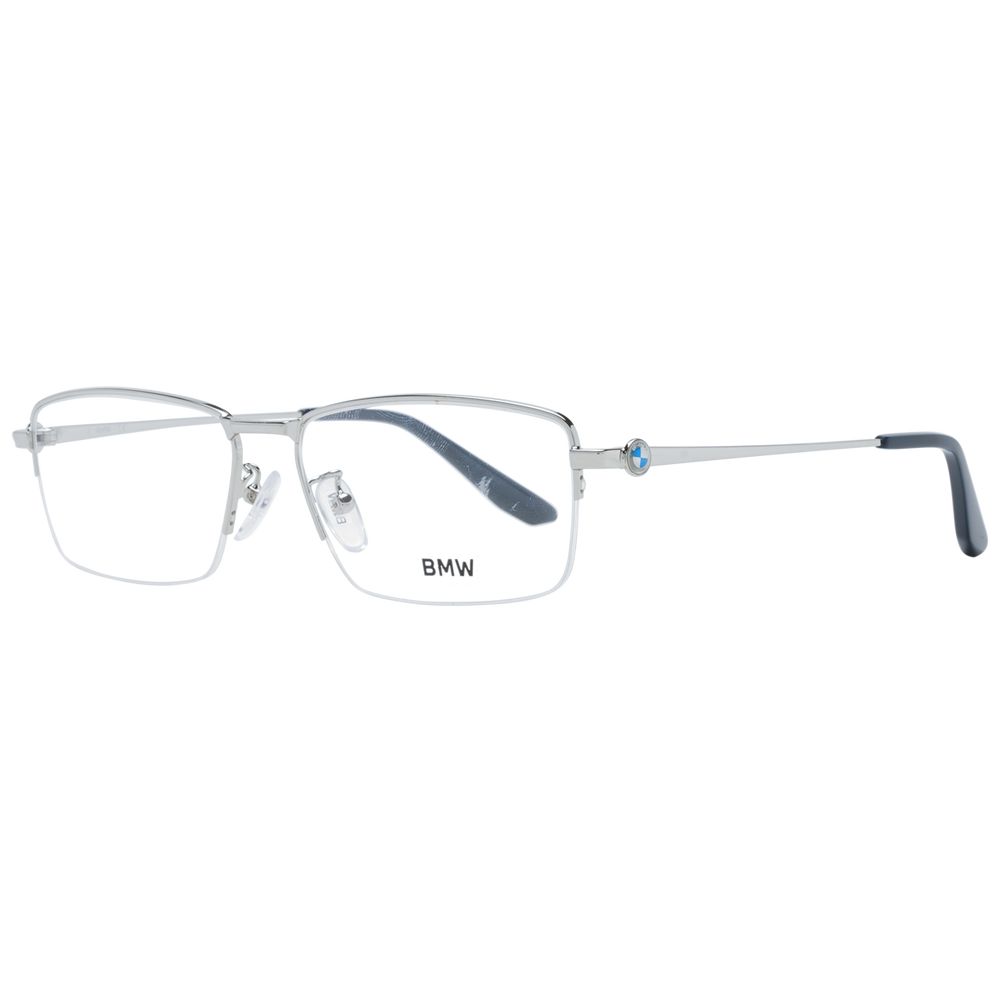BMW Silver Men Glasses Frame with half-rim style, metal material, and rectangular shape, featuring demo plastic lenses and a sleek design.