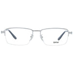 BMW Silver Men Glasses Frame in metal, half-rim rectangle style, silver color, includes branded case, no extra features, size 56-16-150.