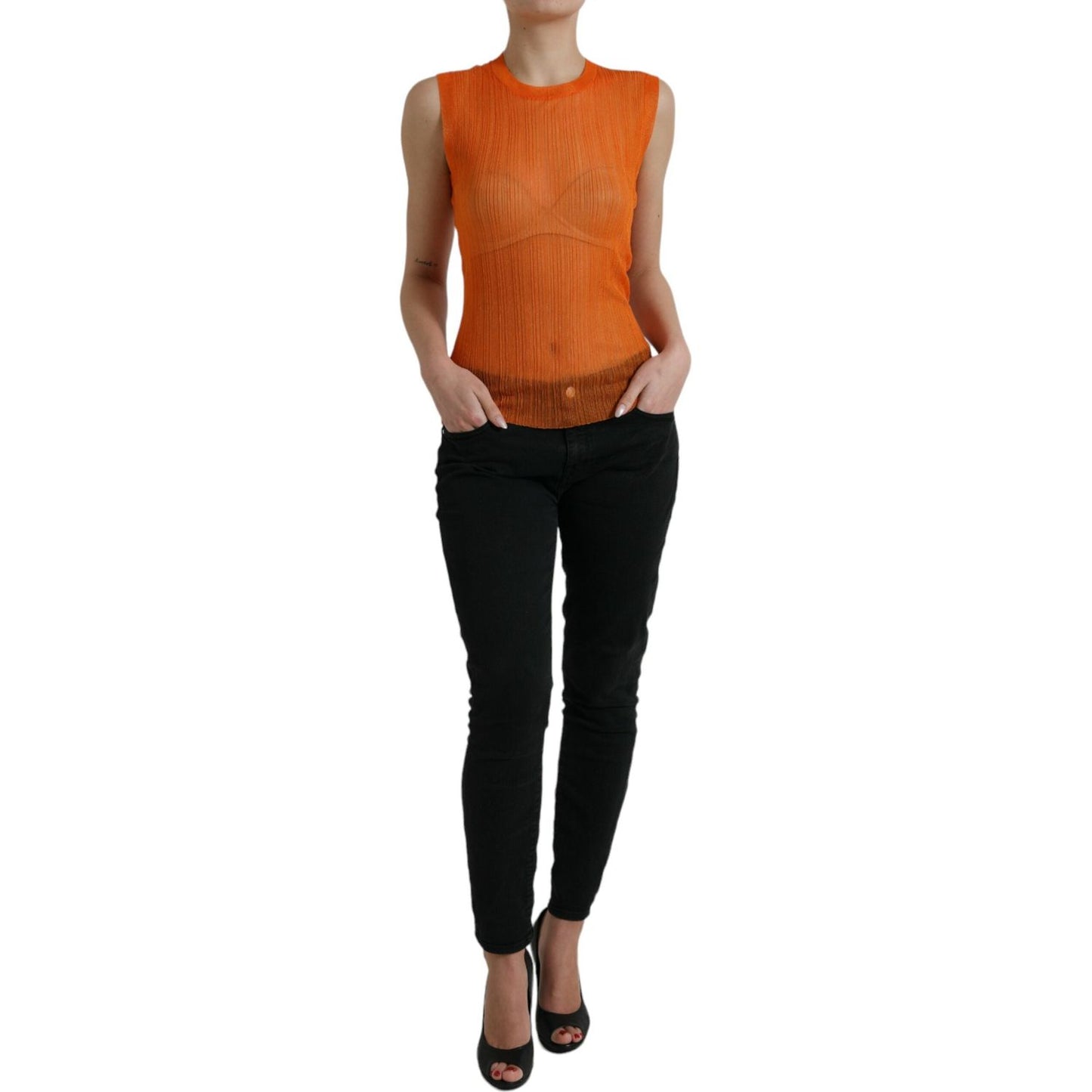 Dolce & Gabbana Orange See Through Crew Neck Blouse Tank Top TSH84801-44