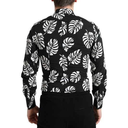 Dolce & Gabbana Black Leaf Cotton Men Formal GOLD Dress Shirt