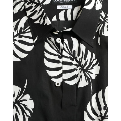 Dolce & Gabbana Black Leaf Cotton Men Formal GOLD Dress Shirt