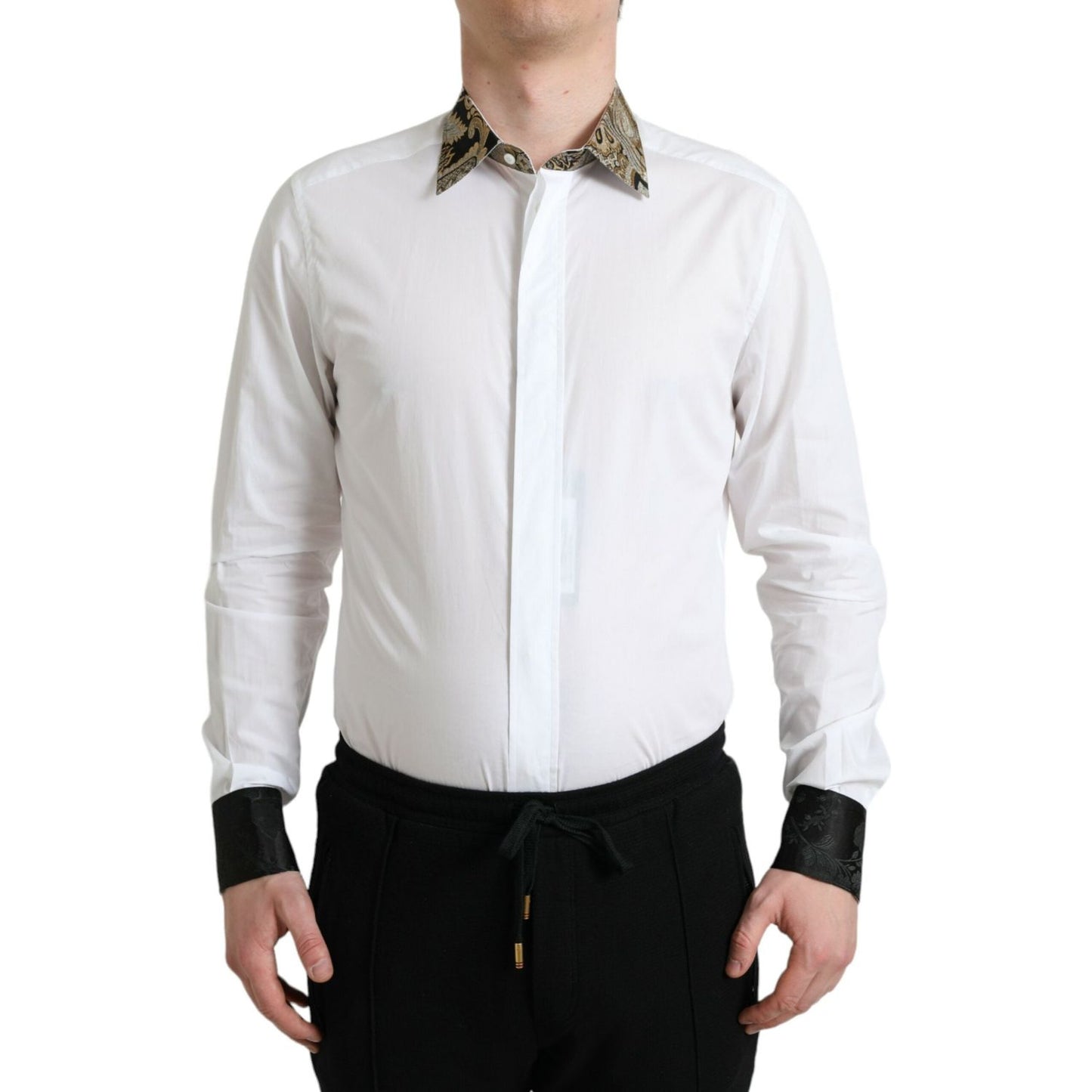 Dolce & Gabbana White Cotton Jacquard Formal GOLD Dress Shirt