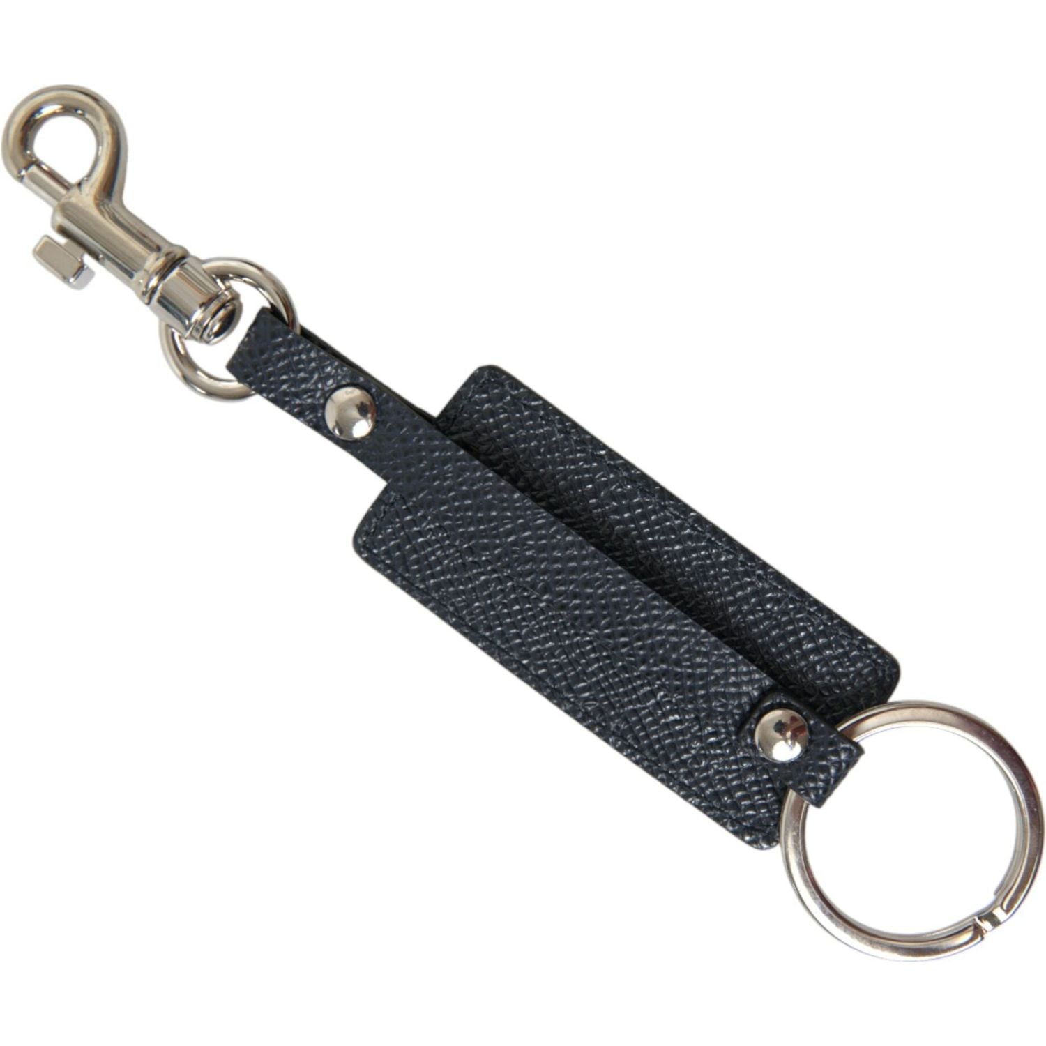 Dolce & Gabbana Black Calf Leather DG Logo Silver Brass Keyring Keychain