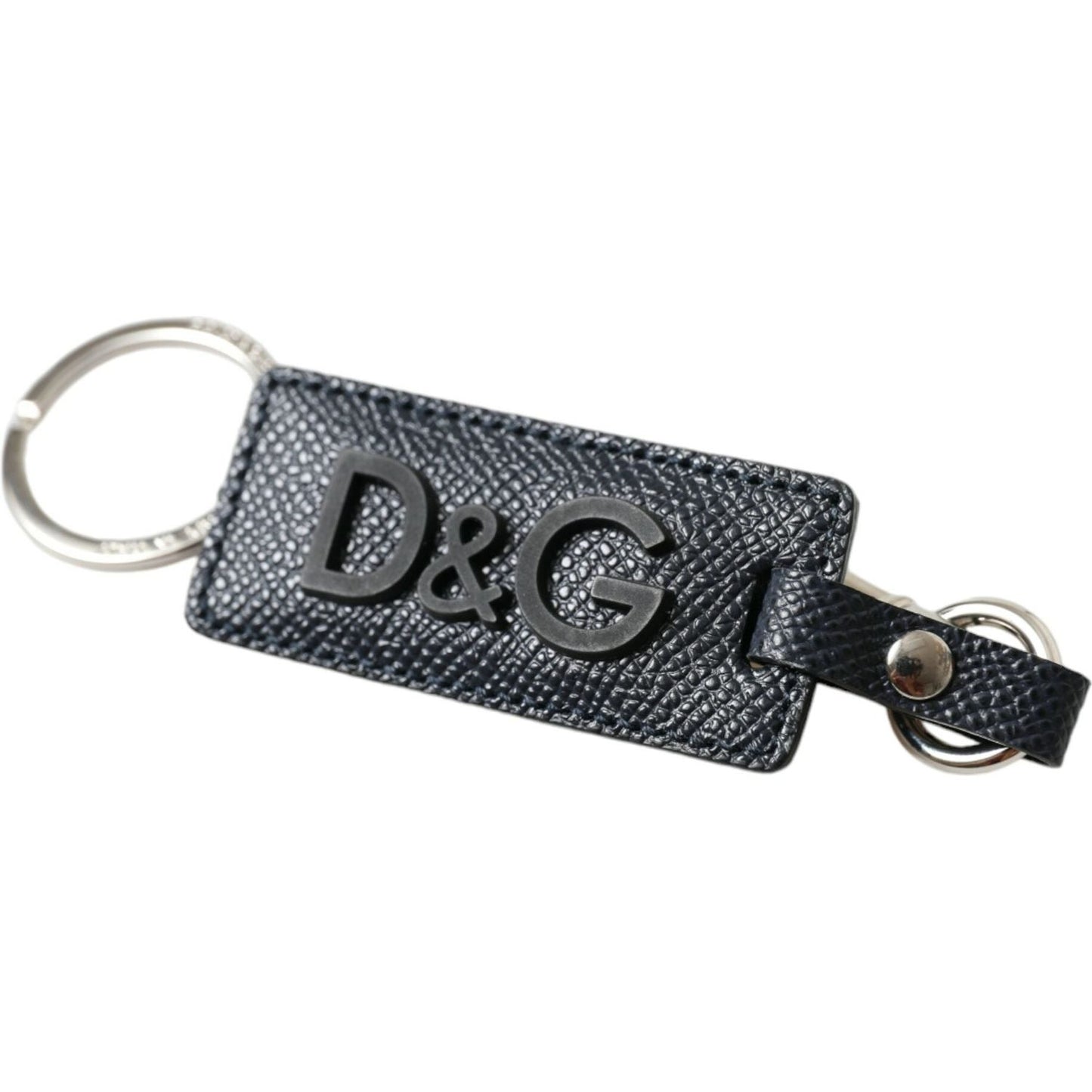 Dolce & Gabbana Black Calf Leather DG Logo Silver Brass Keyring Keychain