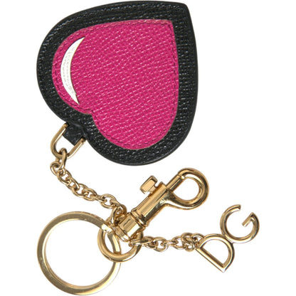 Dolce & Gabbana Pink Black Heart Leather Gold Tone Brass Keyring Keychain