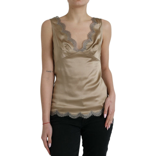 Dolce & Gabbana Brown Lace Trim V-neck Sleeveless Tank Top TSH84790-40