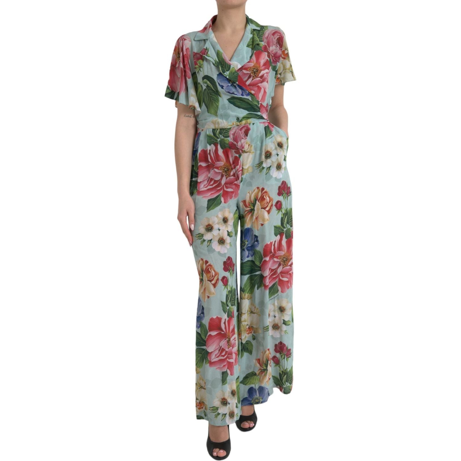 Dolce & Gabbana Blue Floral Wide Leg Wrap Jumpsuit Dress