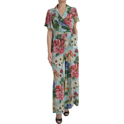 Dolce & Gabbana Blue Floral Wide Leg Wrap Jumpsuit Dress