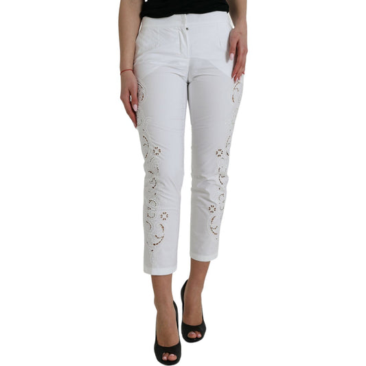 Dolce & Gabbana White Cut Out Cotton Mid Waist Cropped Pants