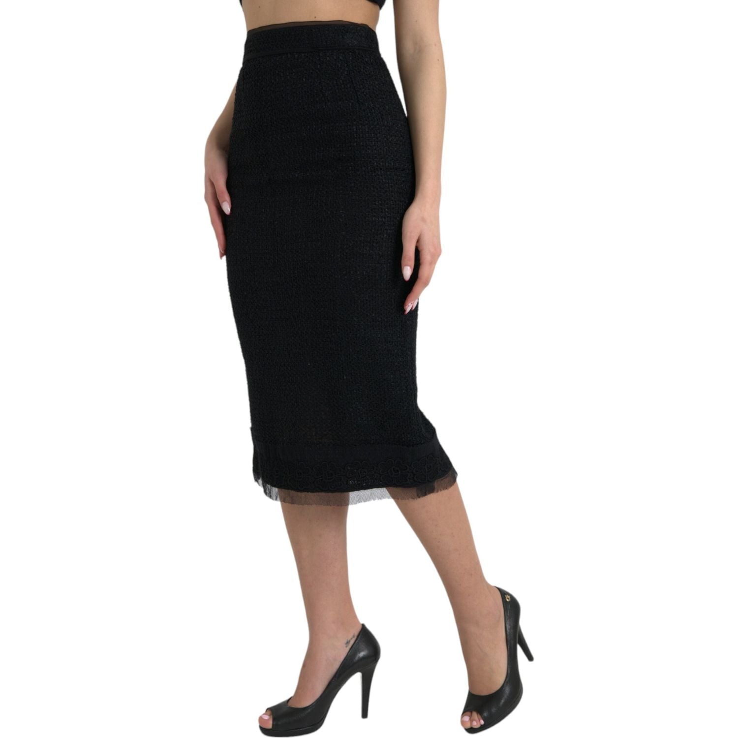 Dolce & Gabbana Black Wool High Waist Pencil Cut Midi Skirt