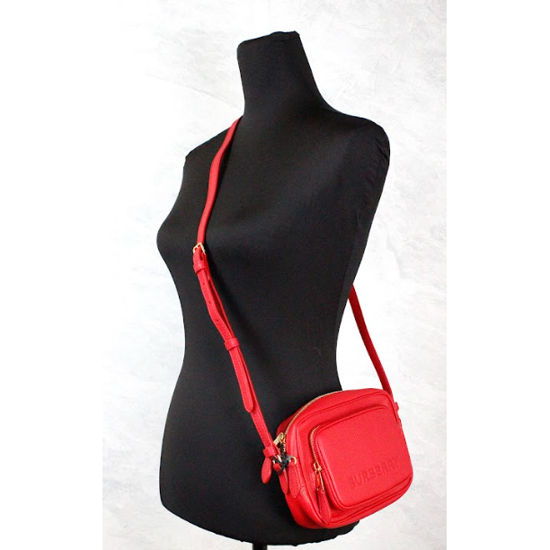 Burberry Small Branded Bright Red Grainy Leather Camera Crossbody Bag 35029
