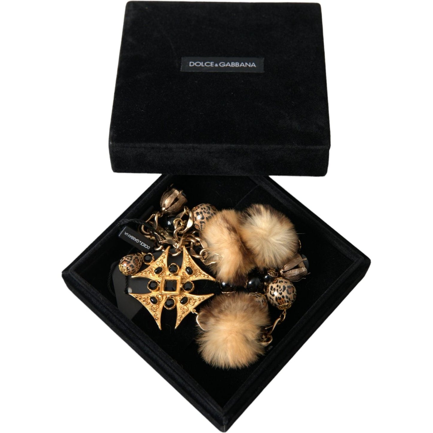 Dolce & Gabbana Gold Black Crystals Lapin Fur Filigree Chocker Necklace SMY101403