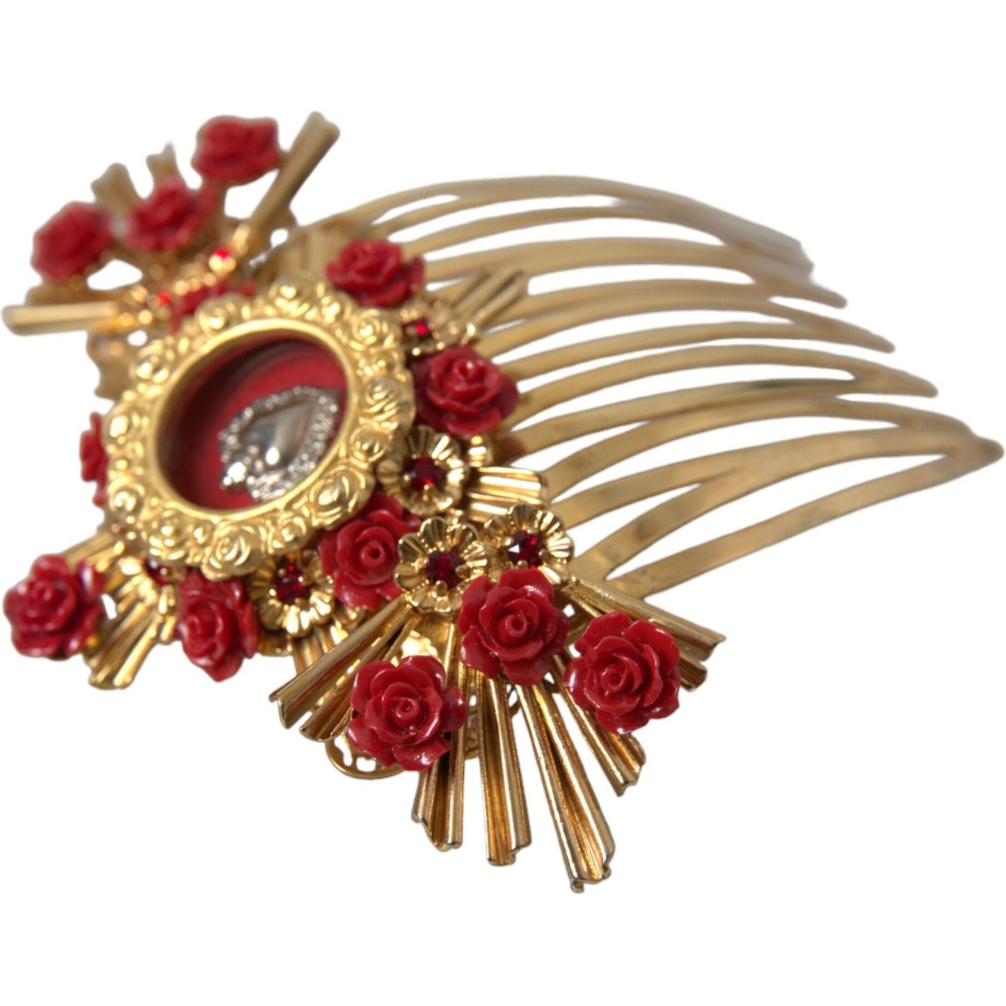 Dolce & Gabbana Gold Brass Crystal Heart Floral Hair Comb SMY101431
