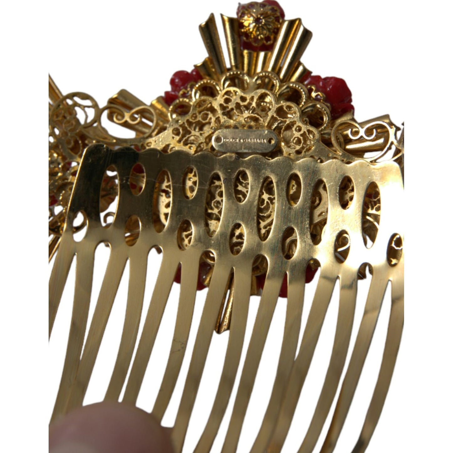 Dolce & Gabbana Gold Brass Crystal Heart Floral Hair Comb SMY101431