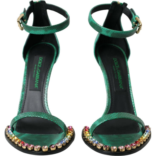 Dolce & Gabbana Green Exotic Leather Crystal Sandals Shoes LA10579-39