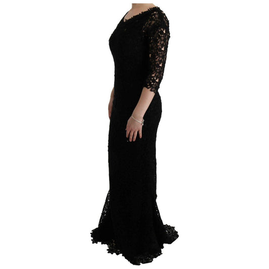 Dolce & Gabbana Black Floral Ricamo Sheath Long Dress SIG60580-1