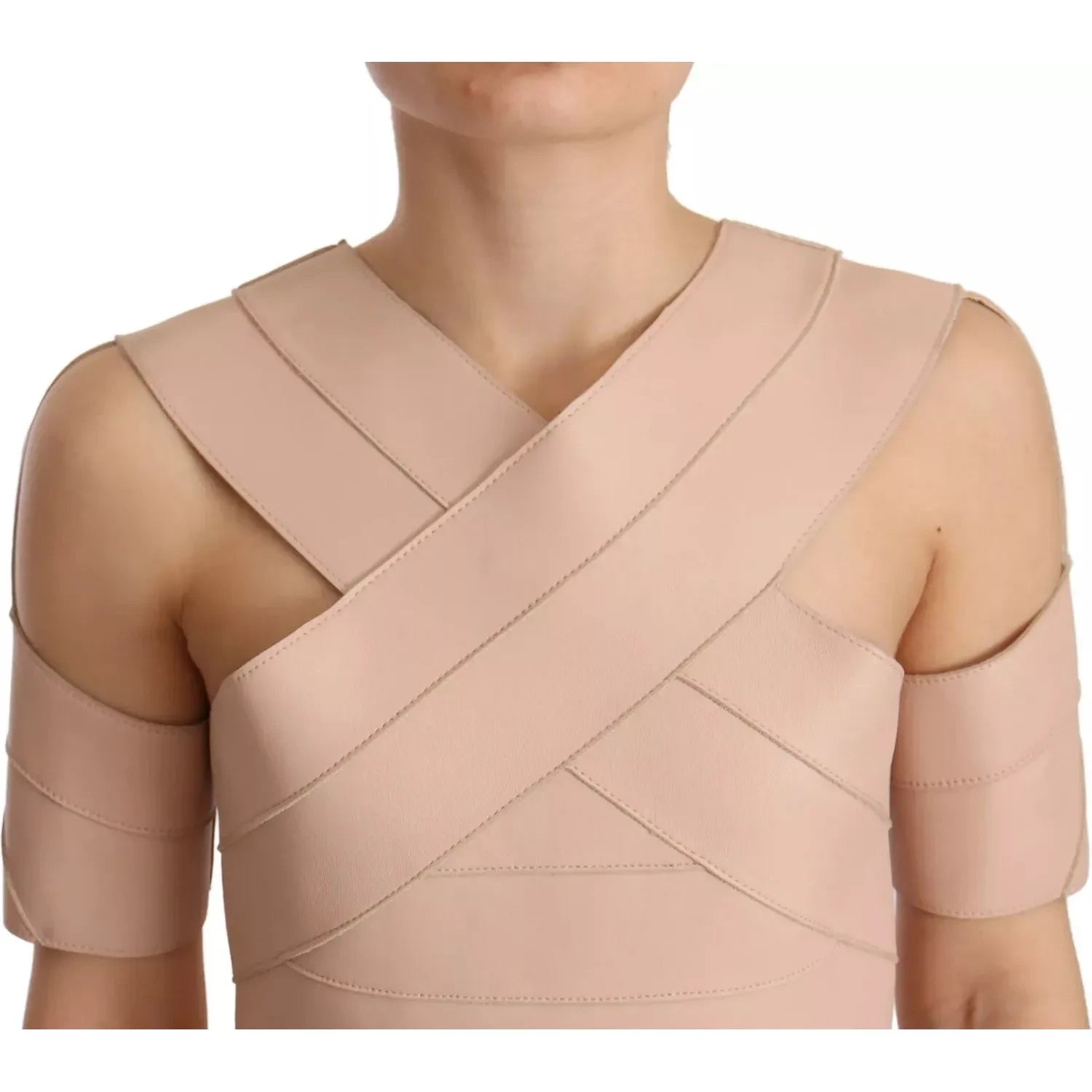 米色皮革露肩直筒迷你连衣裙