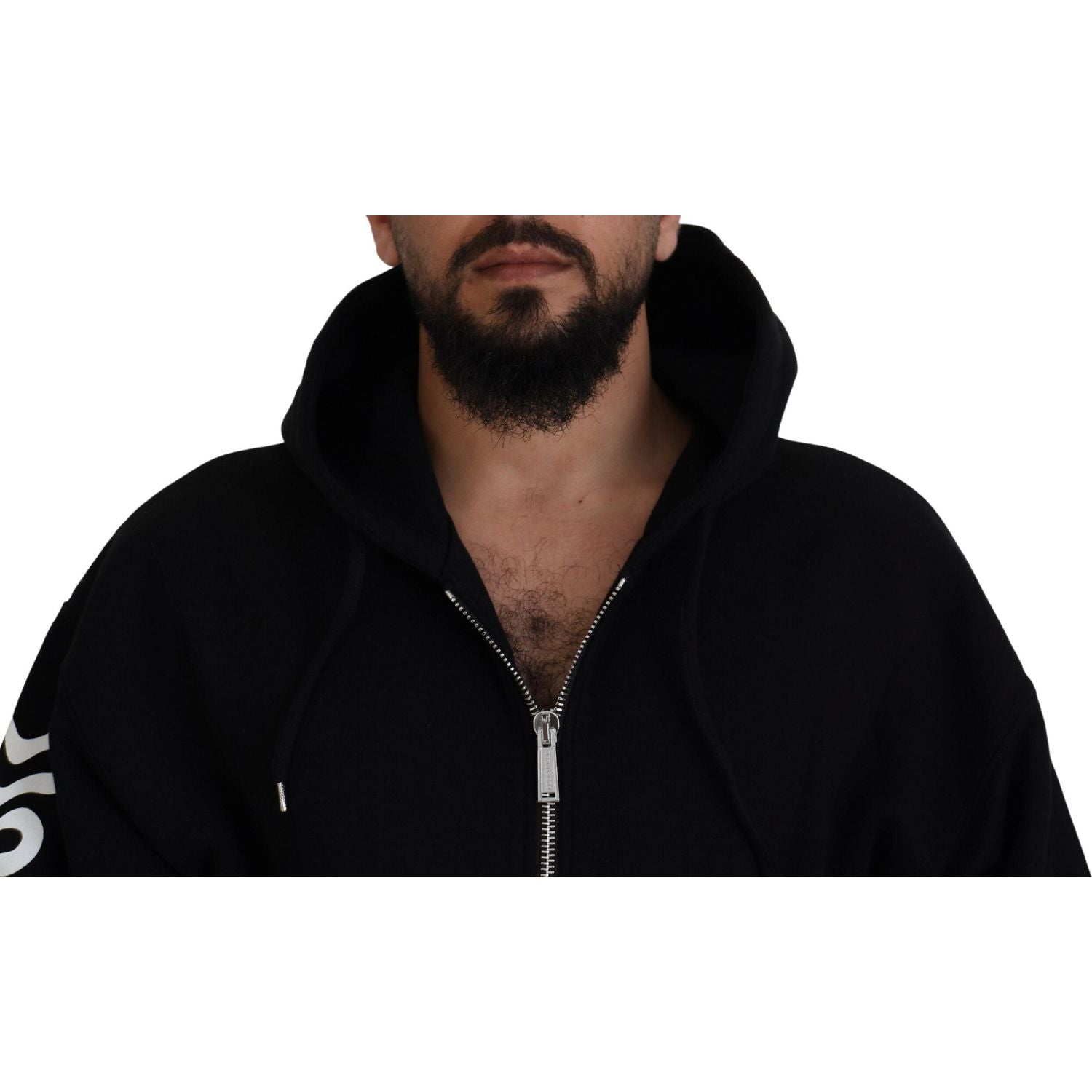 سترة Dsquared² سوداء بغطاء رأس وسحّاب كامل وأكمام مطبوعة