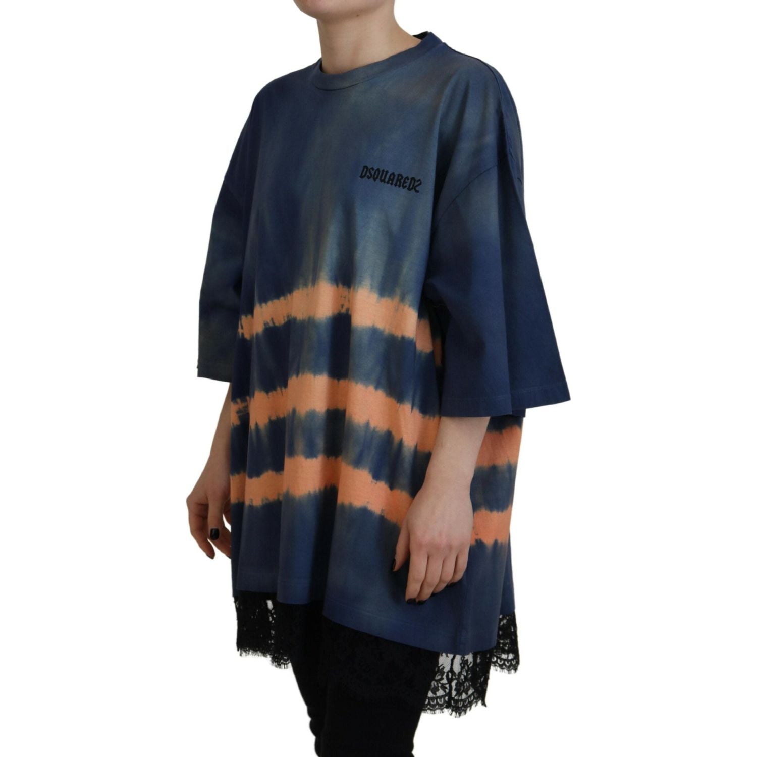تي شيرت من القطن باللون الأزرق من Dsquared² بأكمام قصيرة ودانتيل