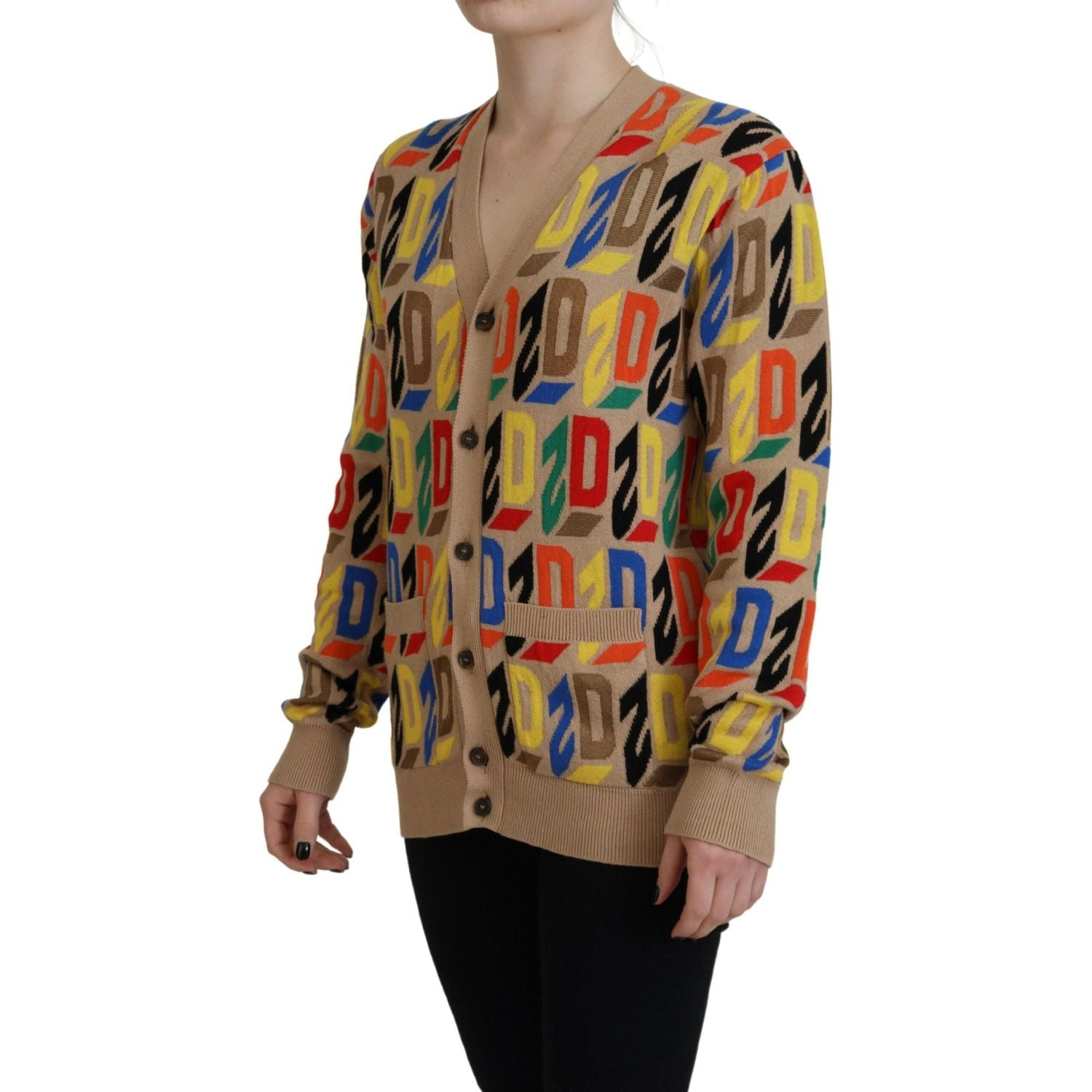 سترة كارديجان نسائية بأكمام طويلة وشعار Dsquared² باللون البني