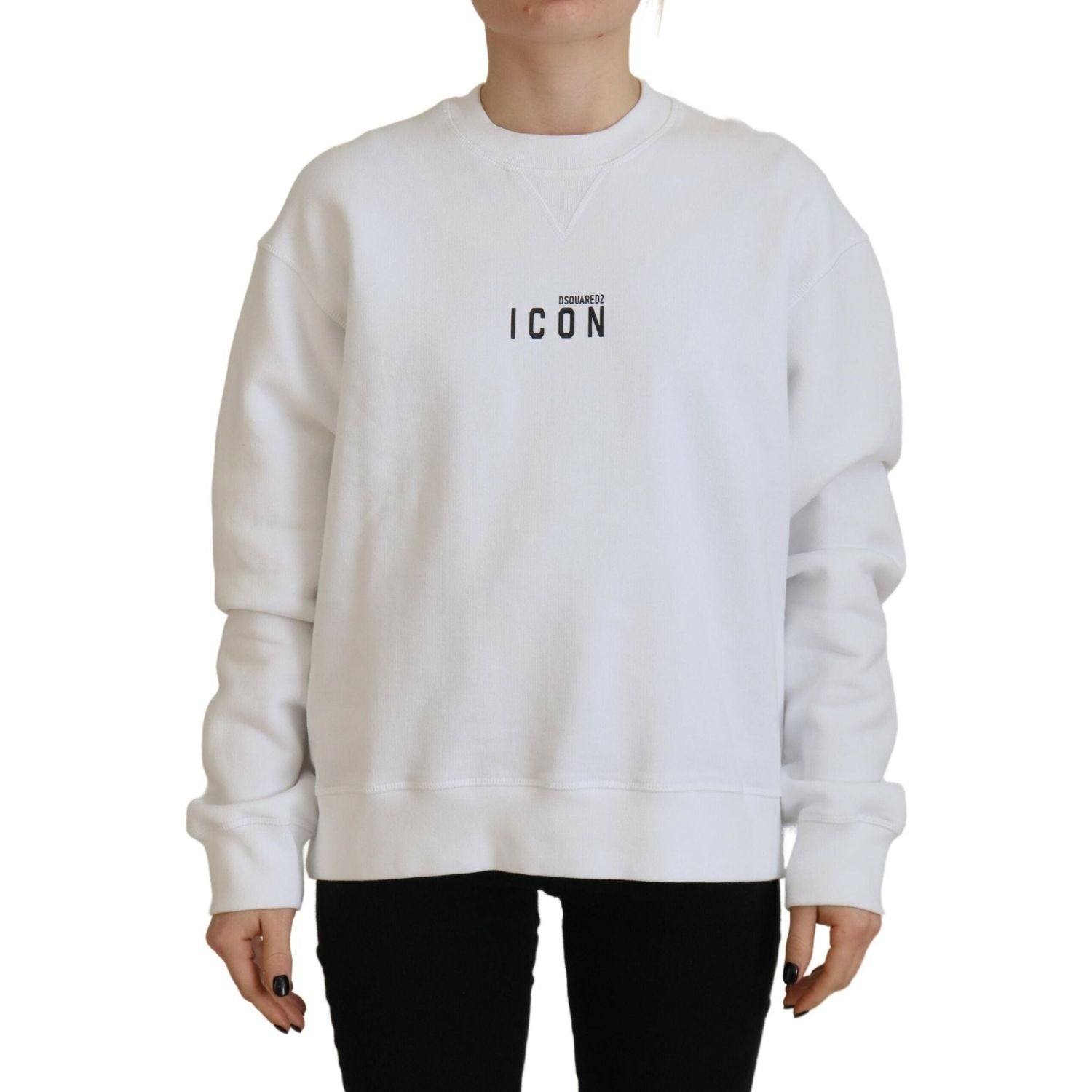 سترة Dsquared² بيضاء من القطن المطبوع بأكمام طويلة ورقبة دائرية