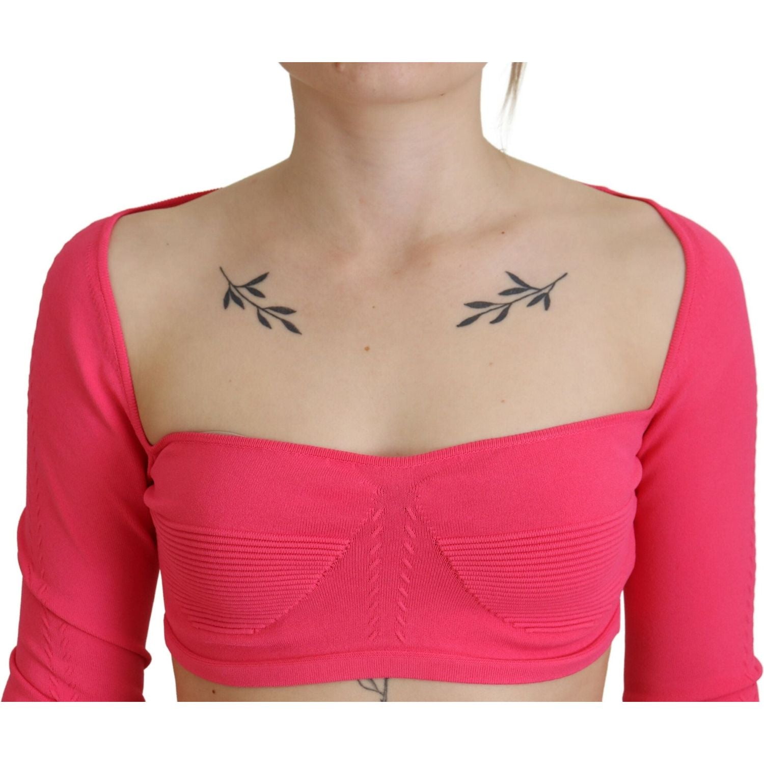 粉色粘胶针织方领长袖上衣