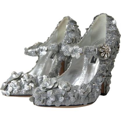 Dolce & Gabbana Silver Floral Crystal Mary Jane Pumps Shoes