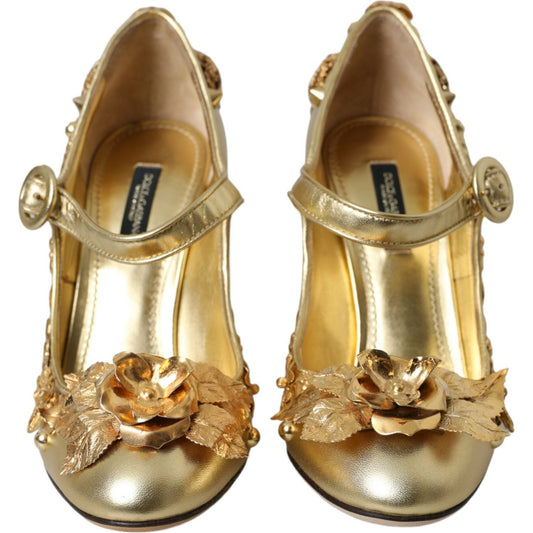 Dolce & Gabbana Gold Leather Crystal Mary Janes Pumps Shoes LA10781-36