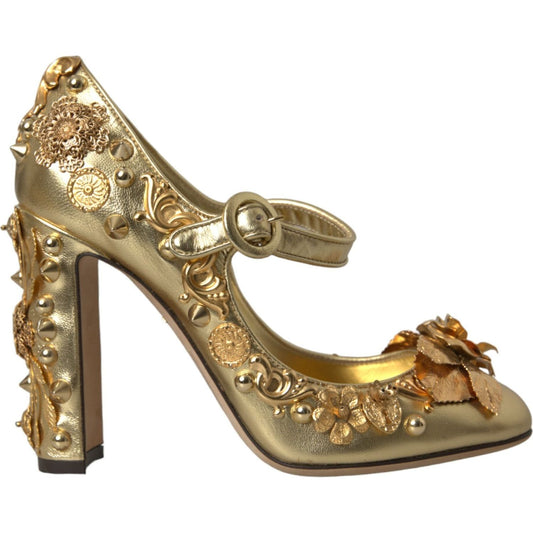 Dolce & Gabbana Gold Leather Crystal Mary Janes Pumps Shoes LA10781-36