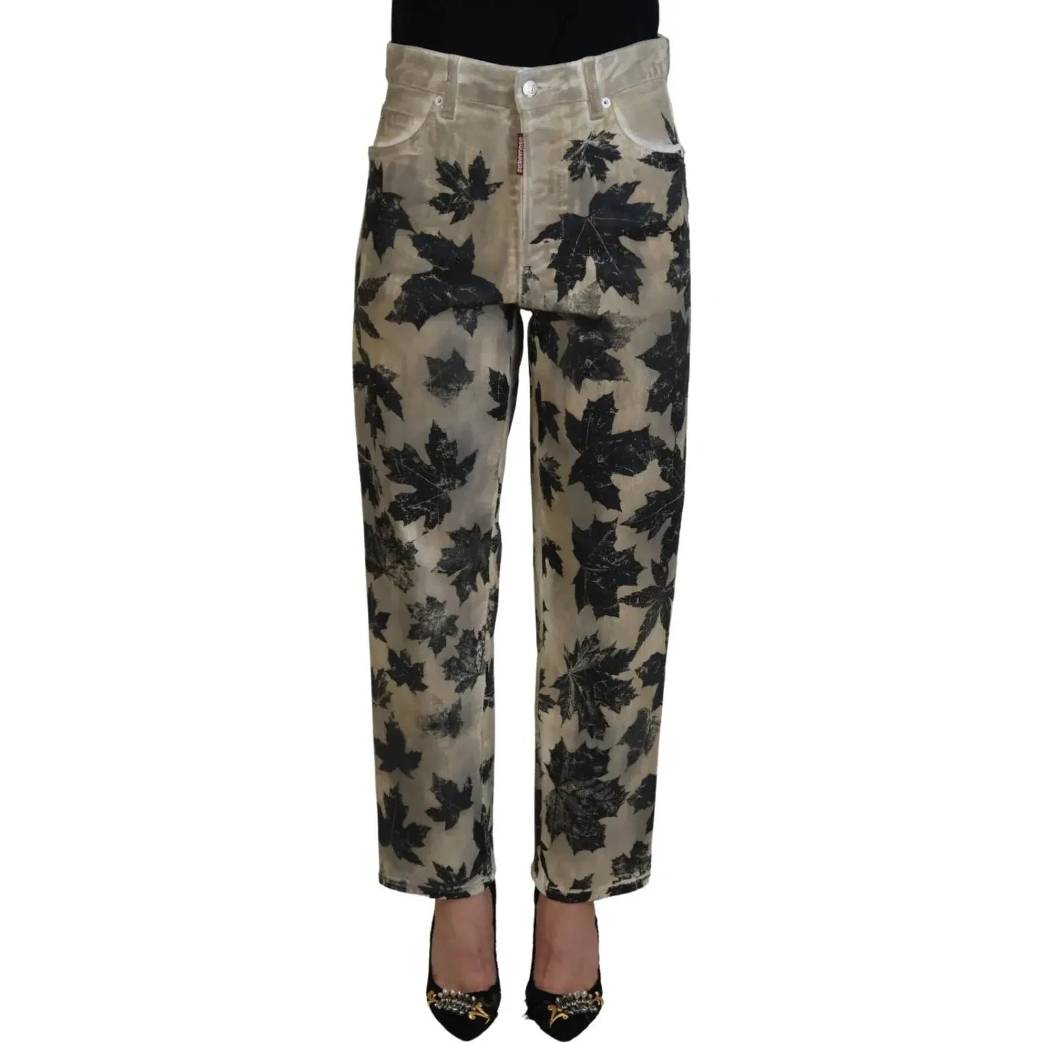 بنطلون جينز من القطن بقصة خصر مرتفع من Dsquared² باللون البيج وطبعات أوراق الشجر من بوسطن
