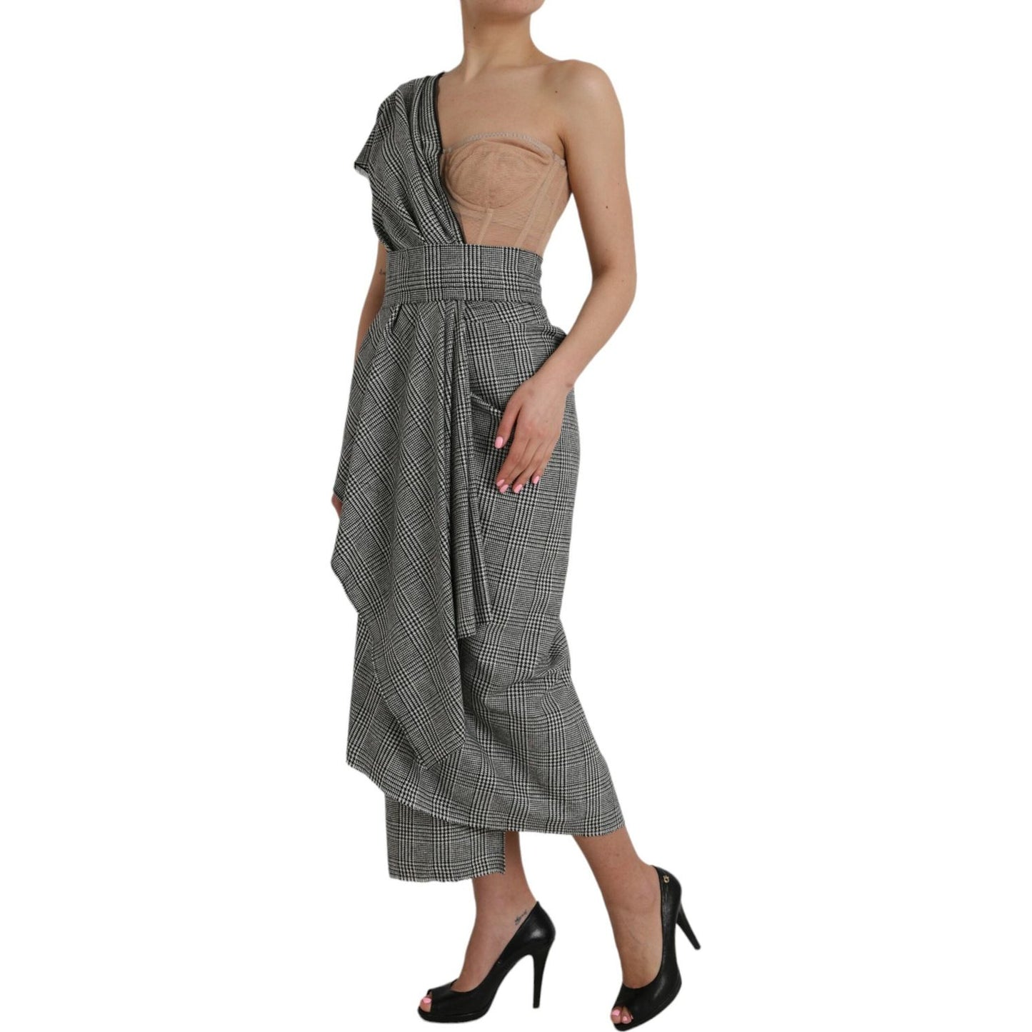 Dolce & Gabbana Gray Beige Layered One Shoulder Maxi Dress DR281185-48