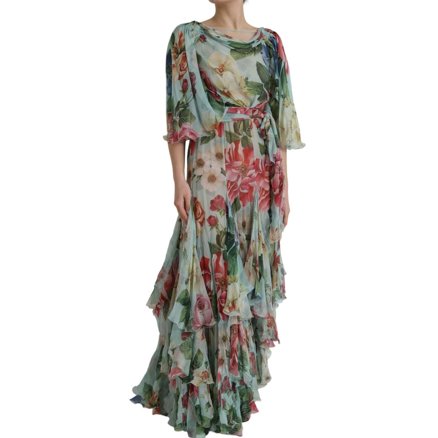 Dolce & Gabbana Blue Floral Print Tiered Long Maxi Dress DR281188-38