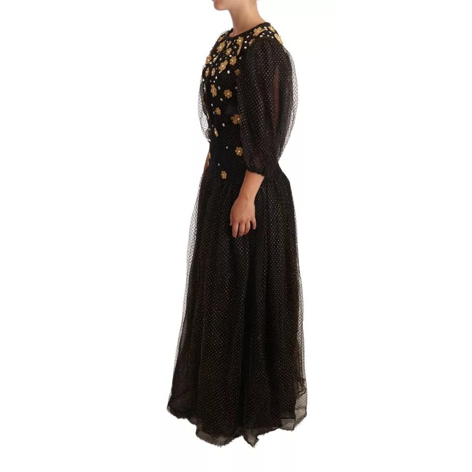 Dolce & Gabbana Black Crystal Floral Maxi Ball Gown Dress
