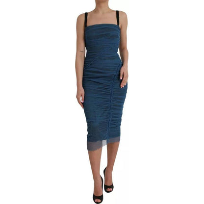 Dolce & Gabbana Blue Mesh Trim Ruched Tulle Sheath Dress