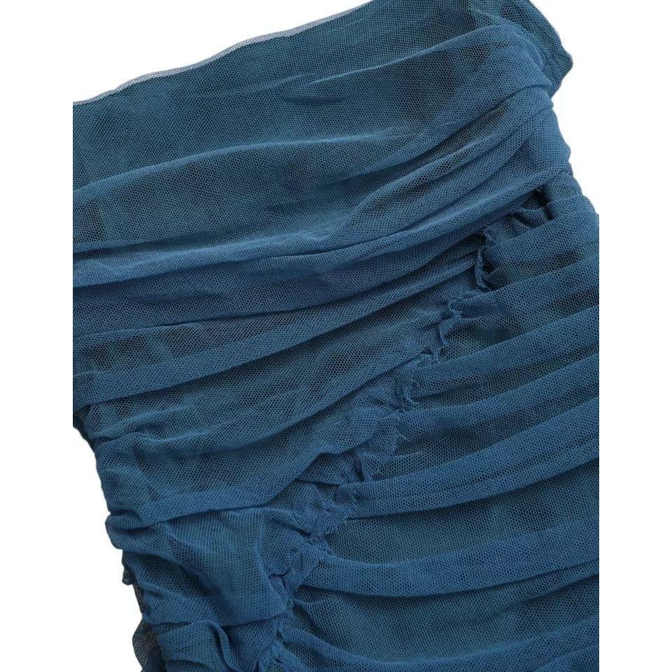 Dolce & Gabbana Blue Mesh Trim Ruched Tulle Sheath Dress