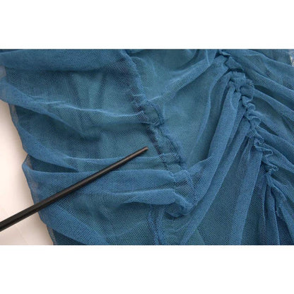 Dolce & Gabbana Blue Mesh Trim Ruched Tulle Sheath Dress