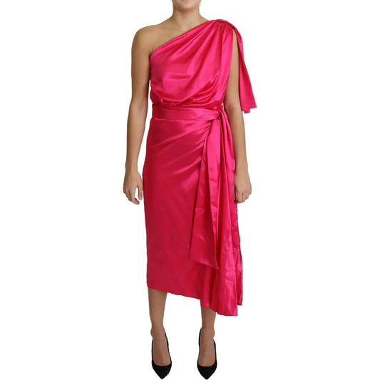 Dolce & Gabbana Fuchsia Fitted Cut One Shoulder Midi Dress DR2686